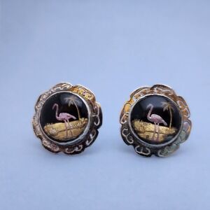Vintage Mexican 925 Sterling Flamingo Reverse Painted Glass Intaglio Cufflinks